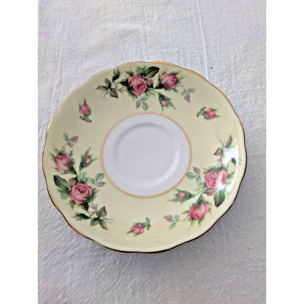 VTG Crown Essex Bone China England Saucer Pale Yellow Pink Roses Gold Trim 5.5"